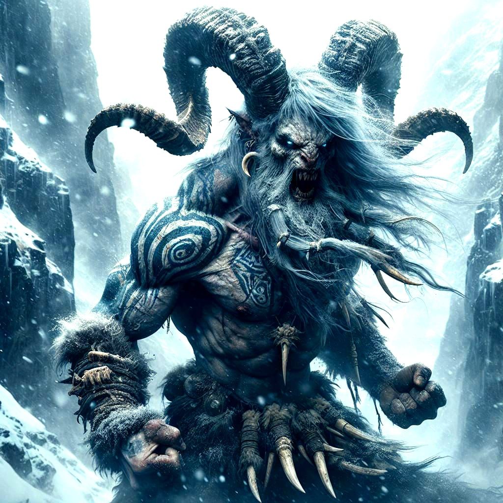Mythical Feral Warrior in a Snow-Covered Canyon