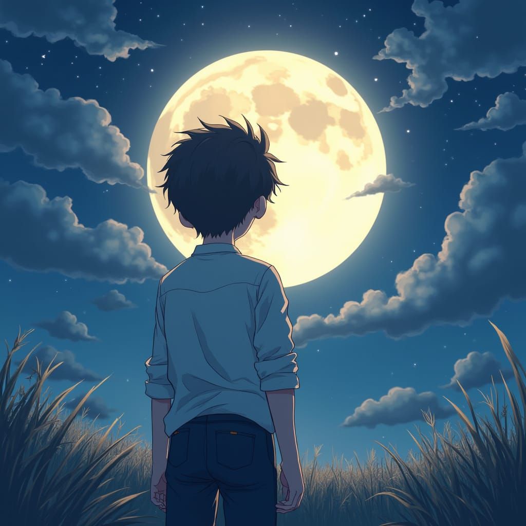 Boy in Anime Style Under Full Moon