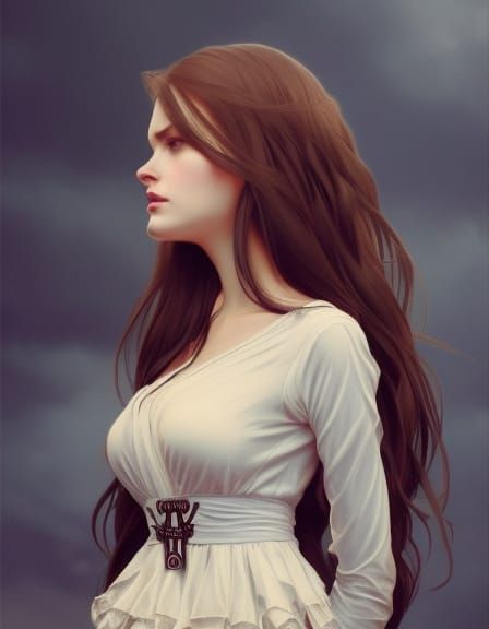 Brunette in Ruffled Dress: Hyperdetailed Digital Portrait