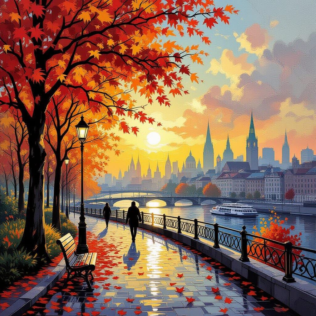 Vibrant Autumn Urban Landscape with Emotive Storytelling