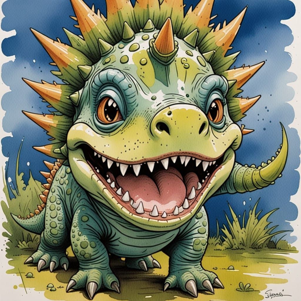 Whimsical Stegosaurus Portrait in a Swampy Landscape