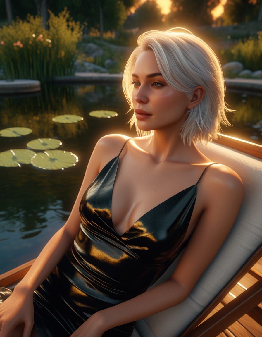 Woman Relaxing by Pond in Golden Hour Light