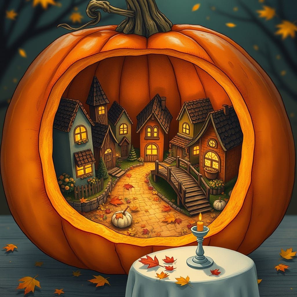 Miniature Autumn Village Inside Giant Pumpkin