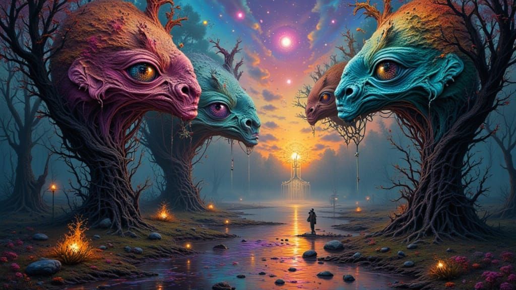 Fractal Mindscape with Unsettling Faces in Surreal Style