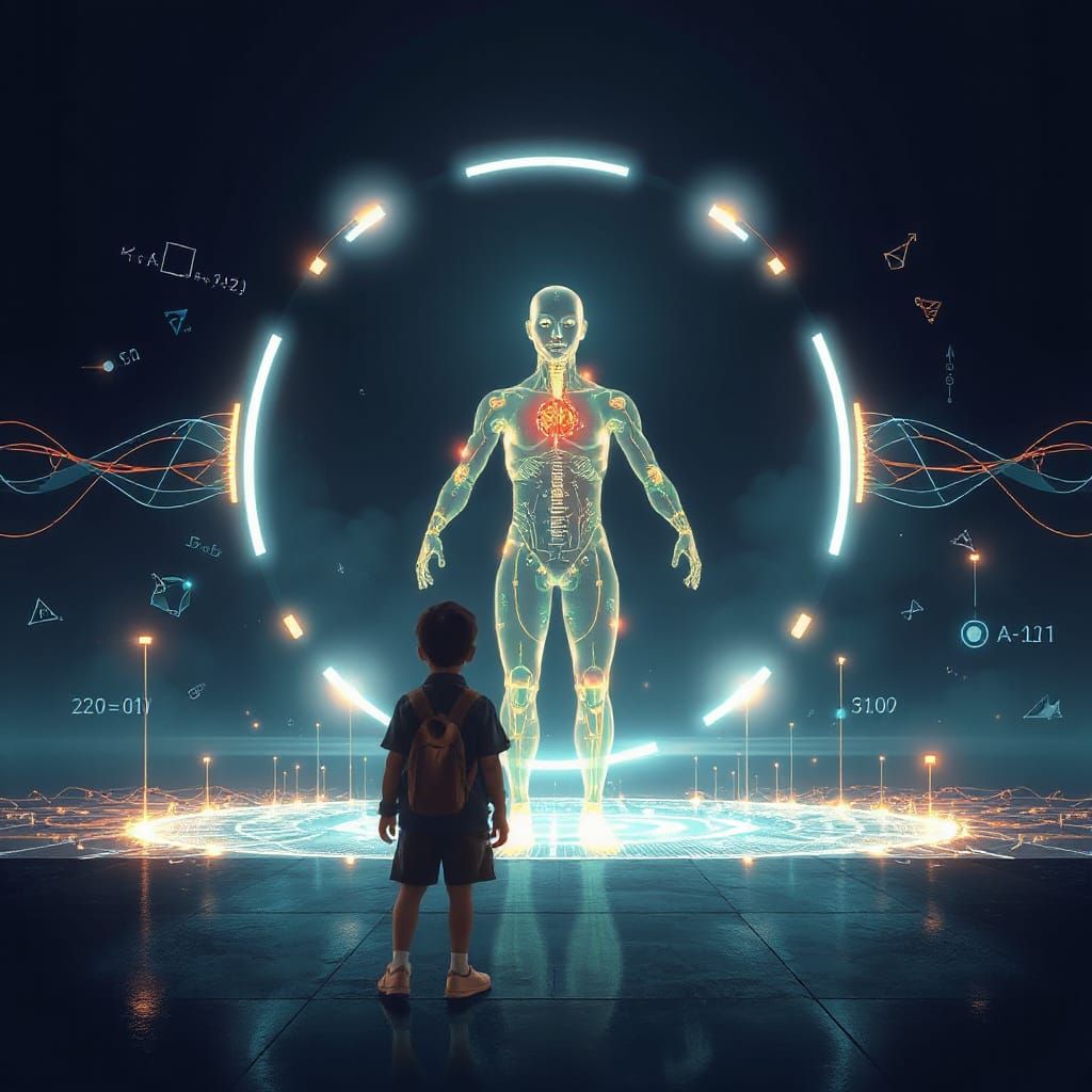 Young Student Meets AI Entity in Futuristic Portal Scene