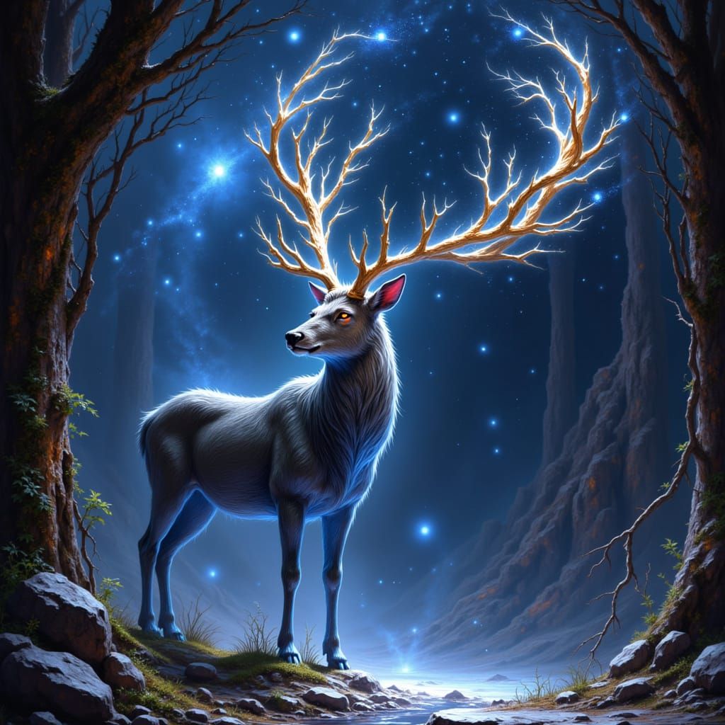 Majestic Stag in Cosmic Nebula with Starlight Altar