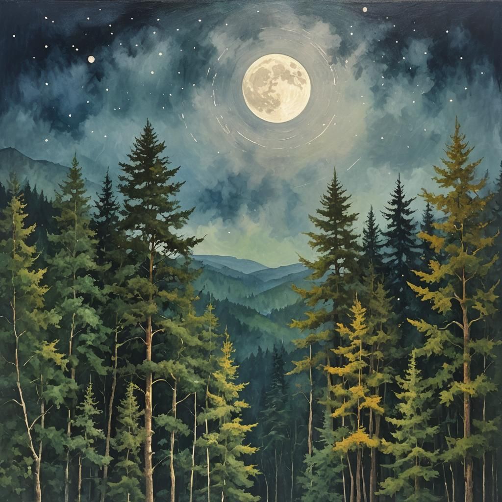 Abstract Moonlit Forest with Complementary Colors