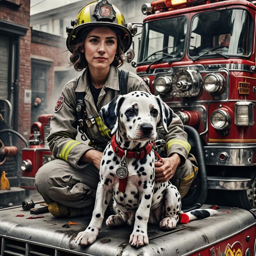 Whimsical Dalmatian Puppy on Firetruck in HDR