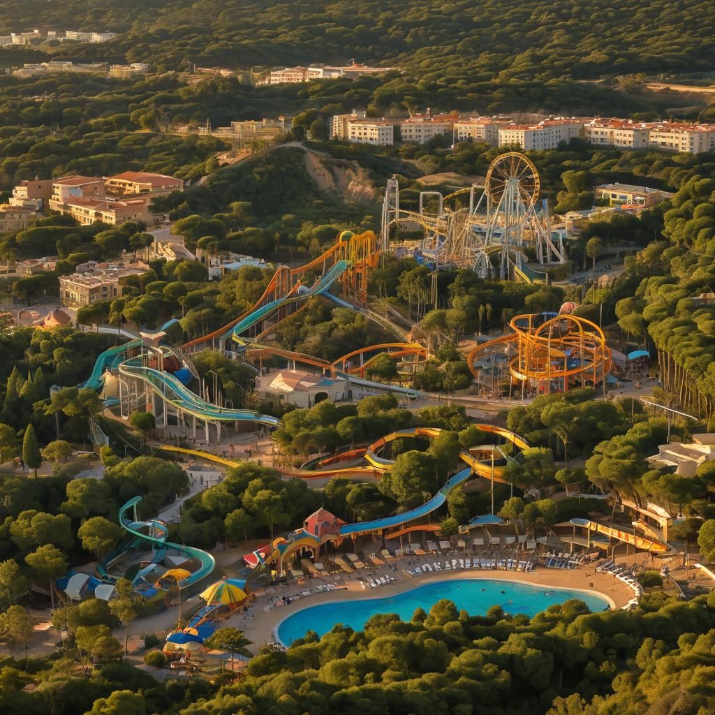 Coastal Townscape with Theme Park in Surreal Style