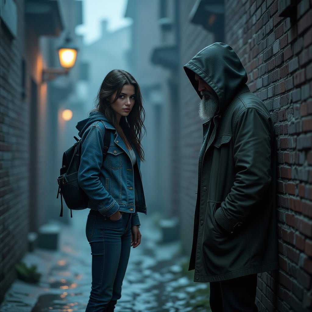 Woman Searches for Grandfather in Misty Alleyway