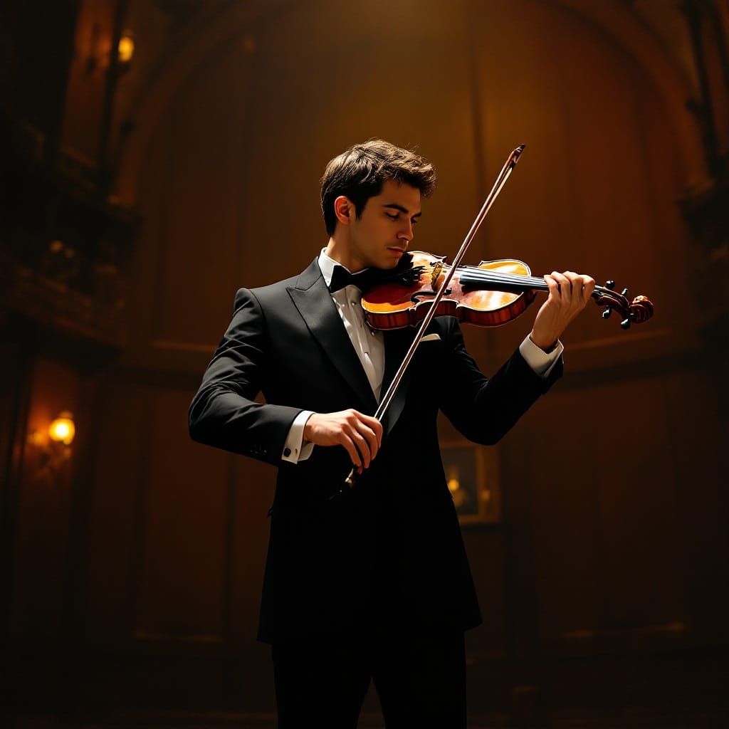 Elegant Violinist in Concert Hall, Inspired by Old Masters