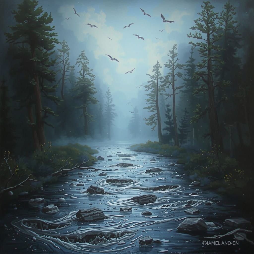 Enigmatic Forest River at Dusk in Dreamlike Oil Paintings