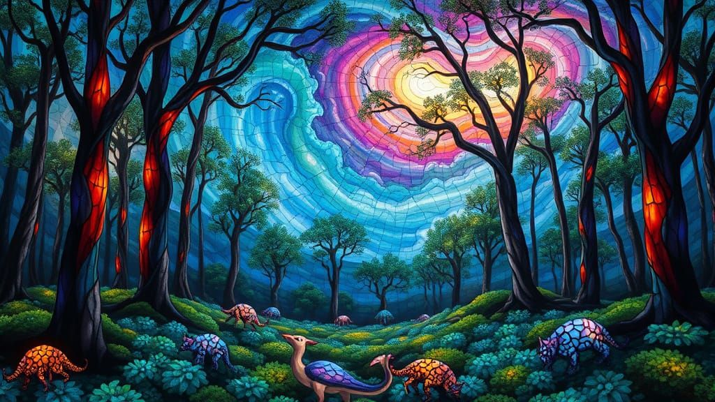 Stained Glass Forest Under Swirling Nebulae