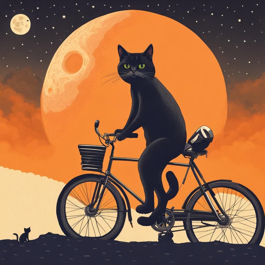Cat Biking on the Moon Under an Orange Sky