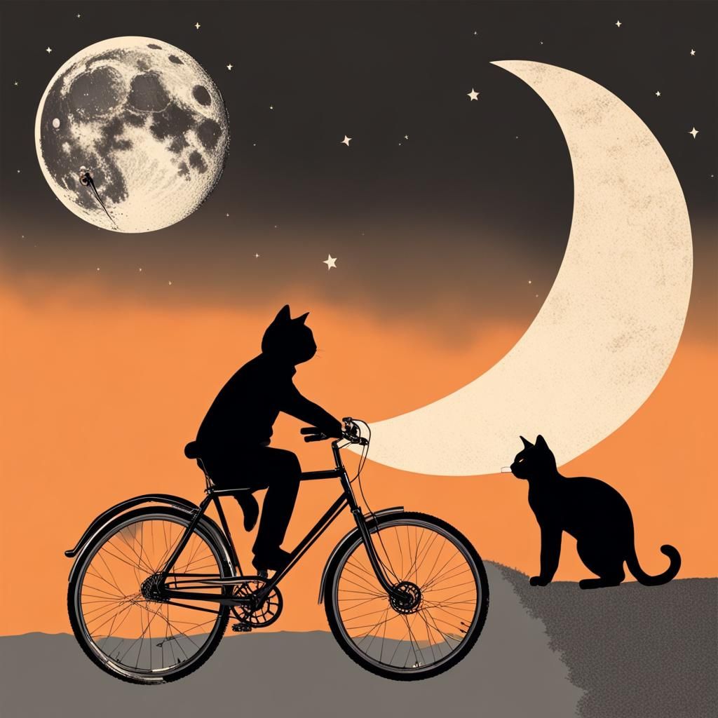 Cat Rides Bike on Moon with Orange Sky