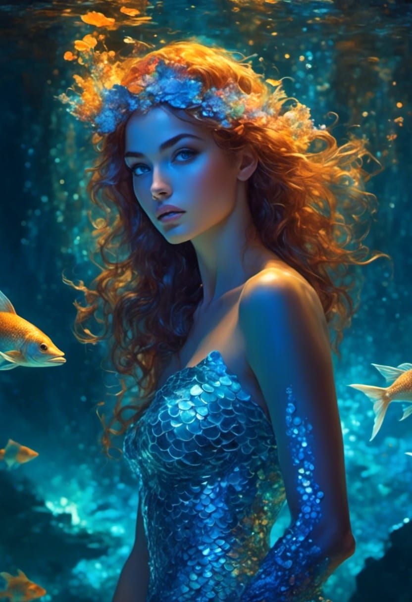 Bioluminescent Mermaid in Underwater Atlantis Ruins