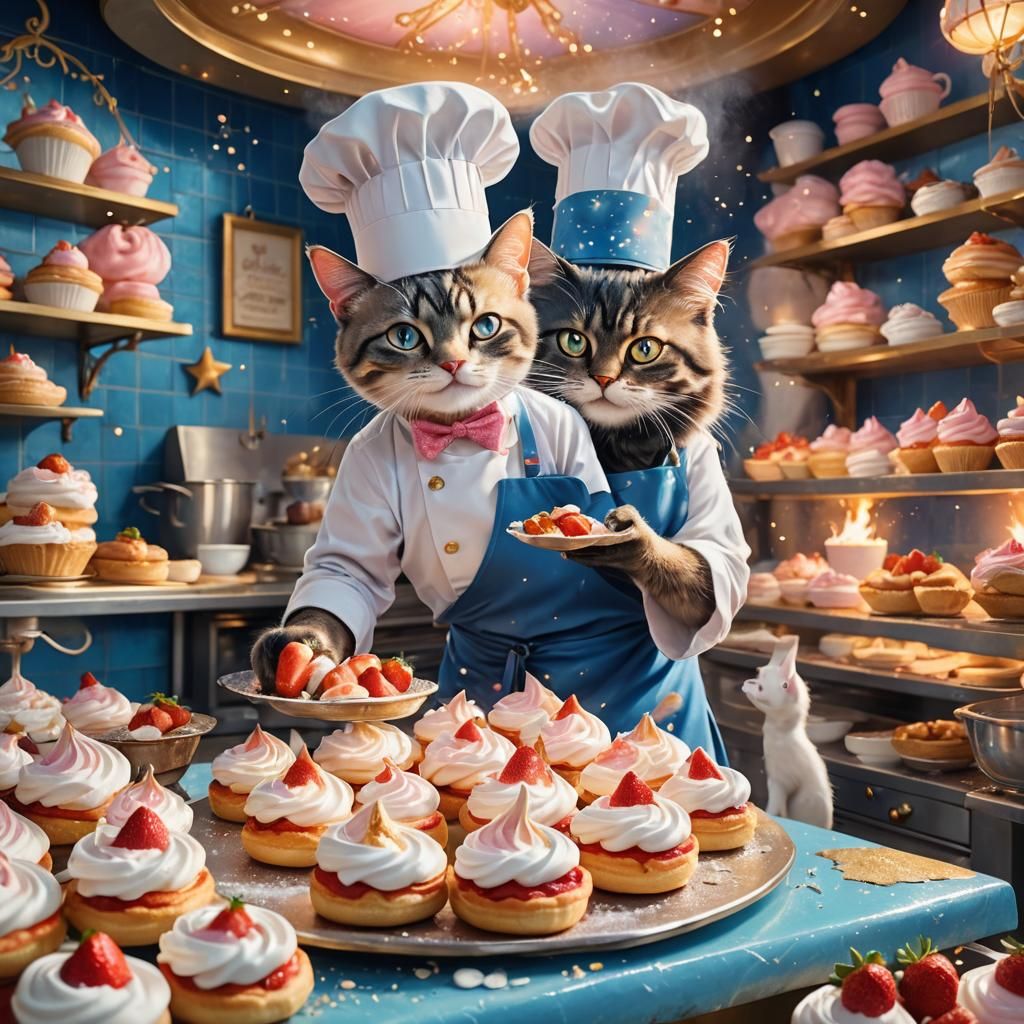 Cat Pastry Chef Decorates Cream Puffs: Fantasy Illustration
