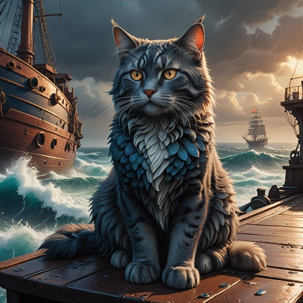 Regal Feline Sees Sailors Tossed by Turbulent Waves in a Fan...