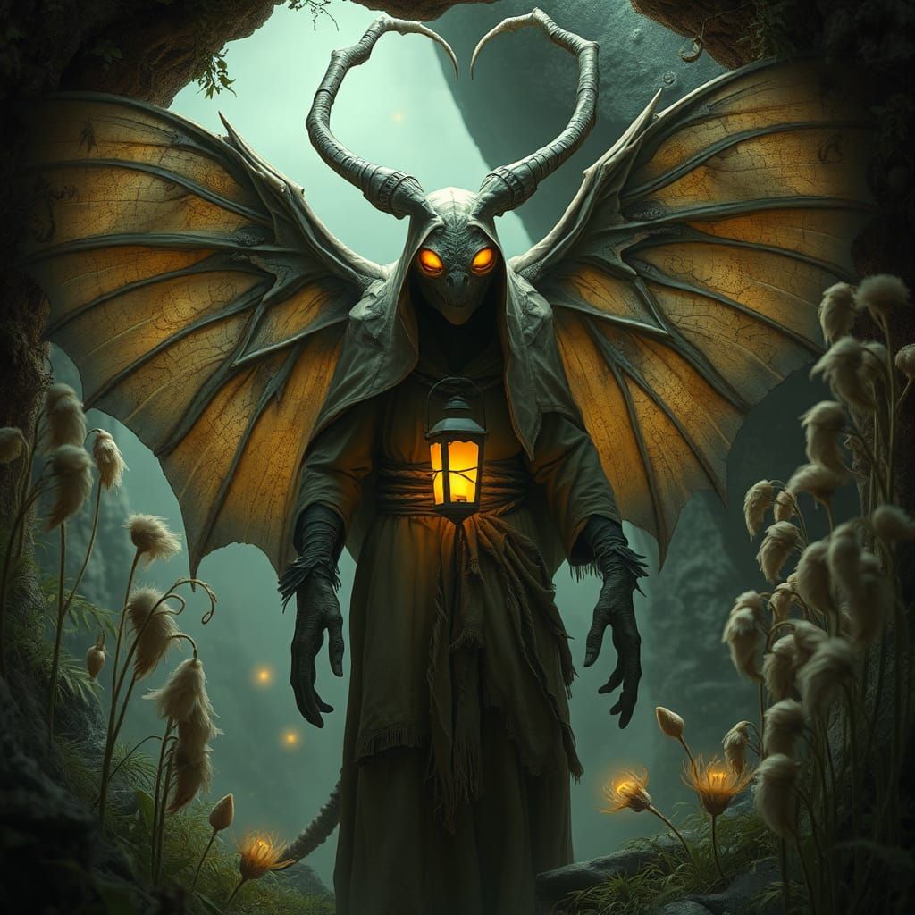 Medieval Mothman in Dreamlike Milkweed Grotto