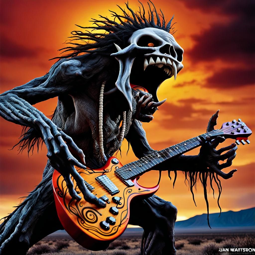 Surreal Horror Guitar Beast in Ominous Landscape