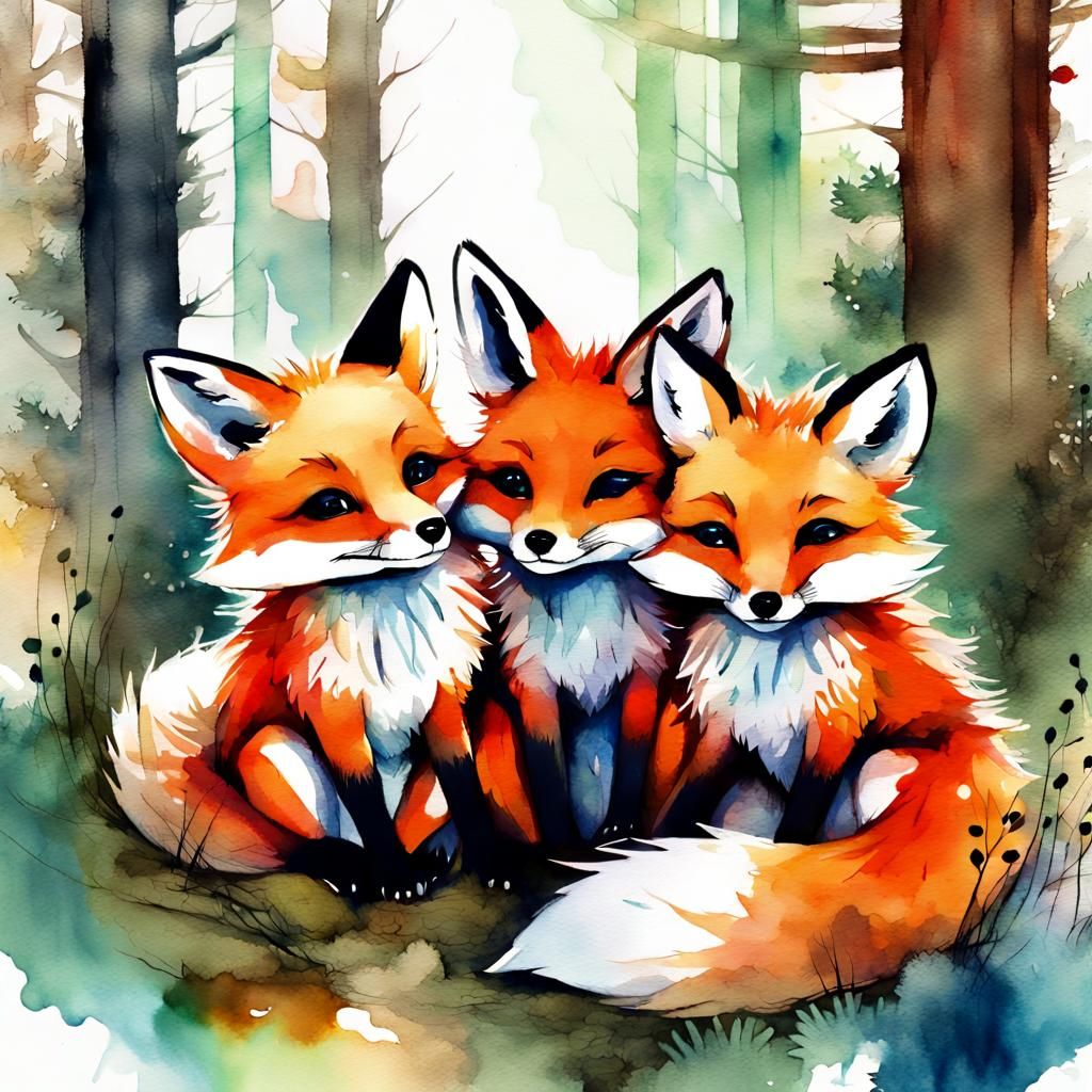 Chibi Foxes in Forest: Digital Watercolor Art