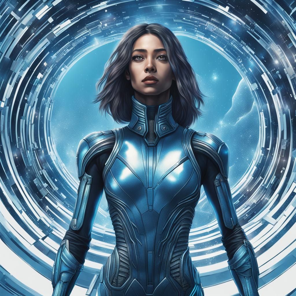 Futuristic Superhero in Front of Wormhole