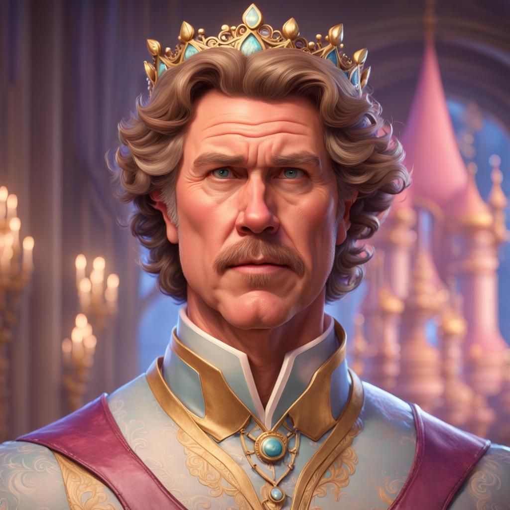 Disney Pixar style of Will Ferrell still as a man wearing a princess tiara and dress