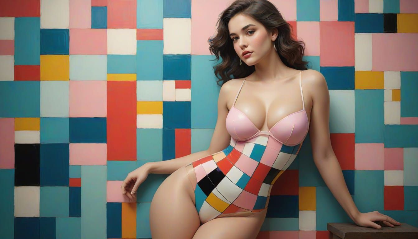 Geometric Fusion: Woman Merging with Mondrian-Inspired Art