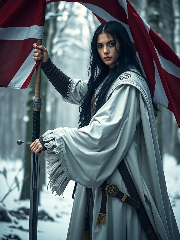 Menacing Woman Warrior in Winter Forest