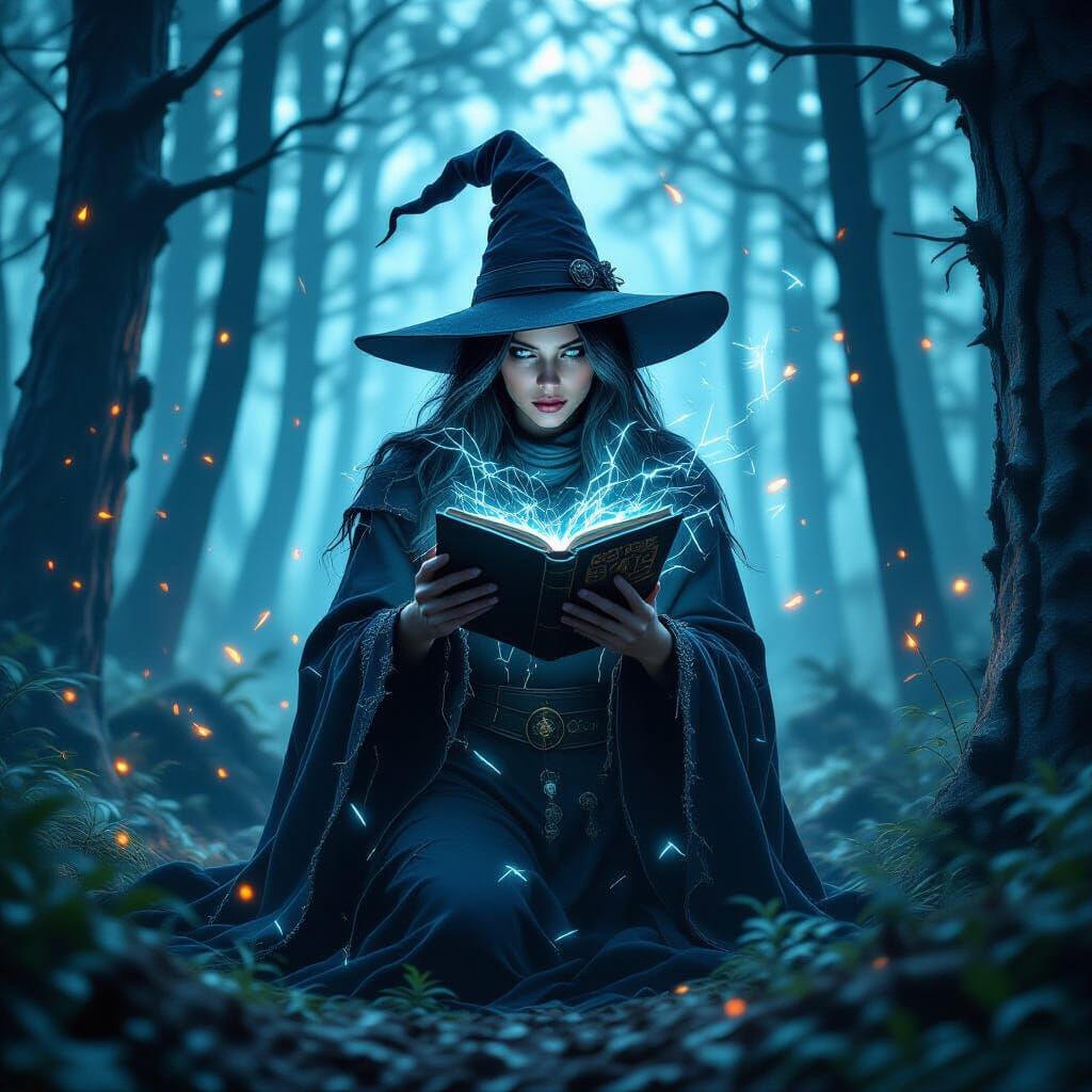 Mysterious Witch Casting Spells in Digital Forest