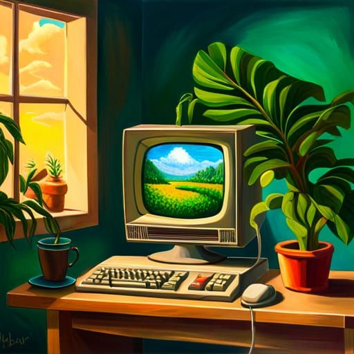 90s PC with Tropical Screen: Oil Painting