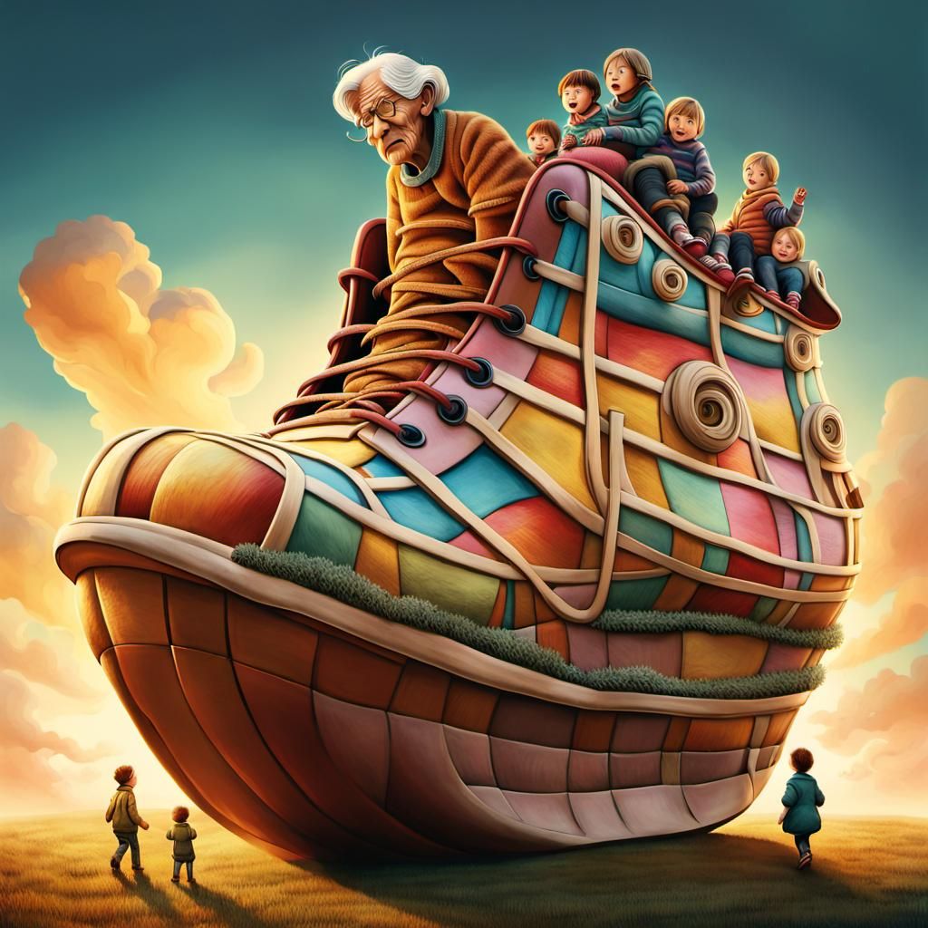 Surreal Old Woman in a Shoe Illustration