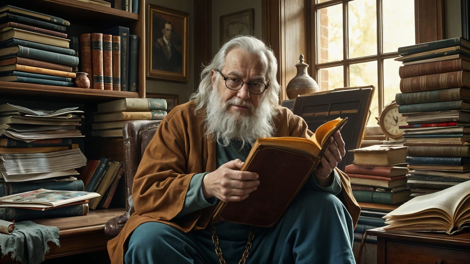 Frumpy Wizard in Cluttered Study, Fantasy Art