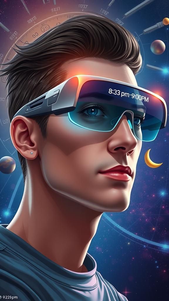 Futuristic Person with High-Tech Glasses in Cosmic Scene