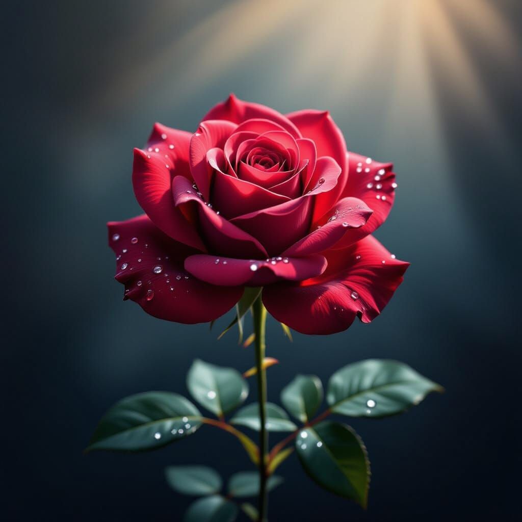 Vibrant Red Rose with Dew Drops on Dark Background
