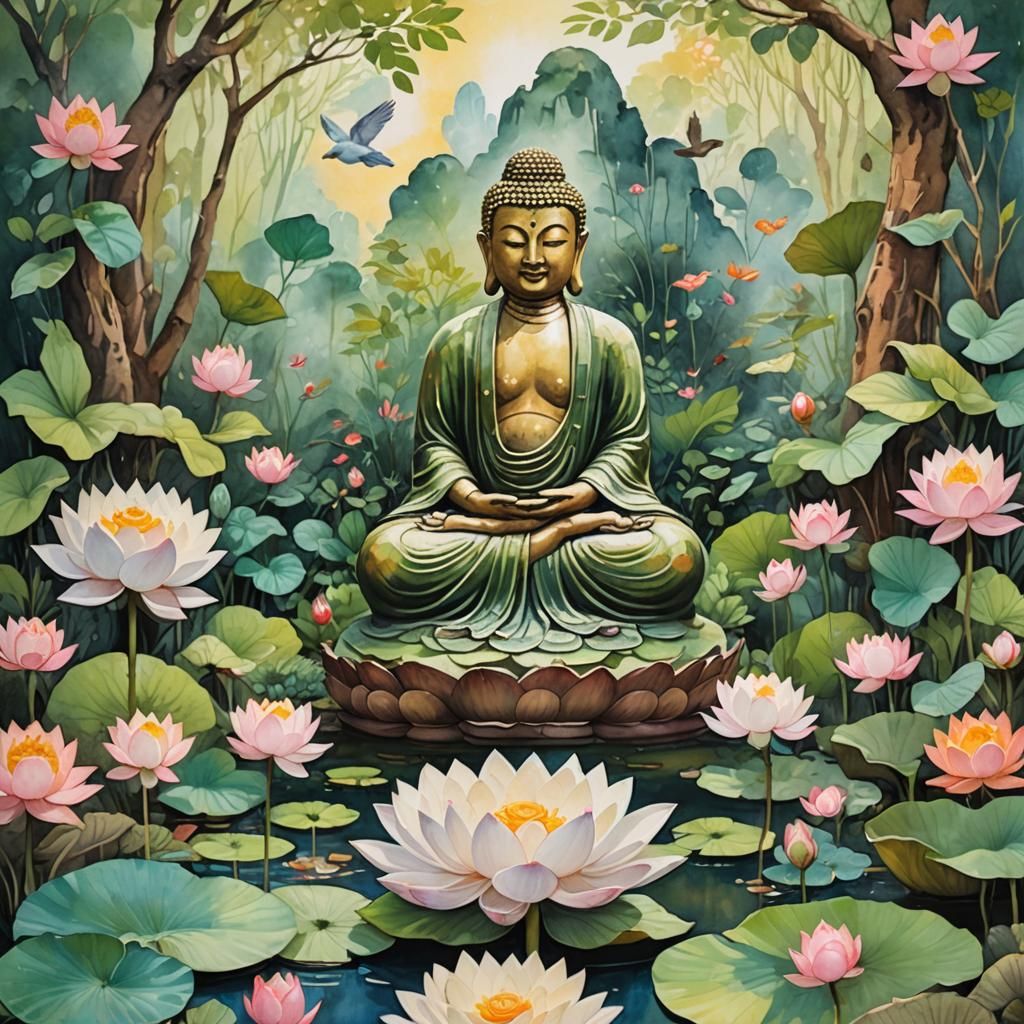 Buddha Gazing Upon the World in Gouache Style