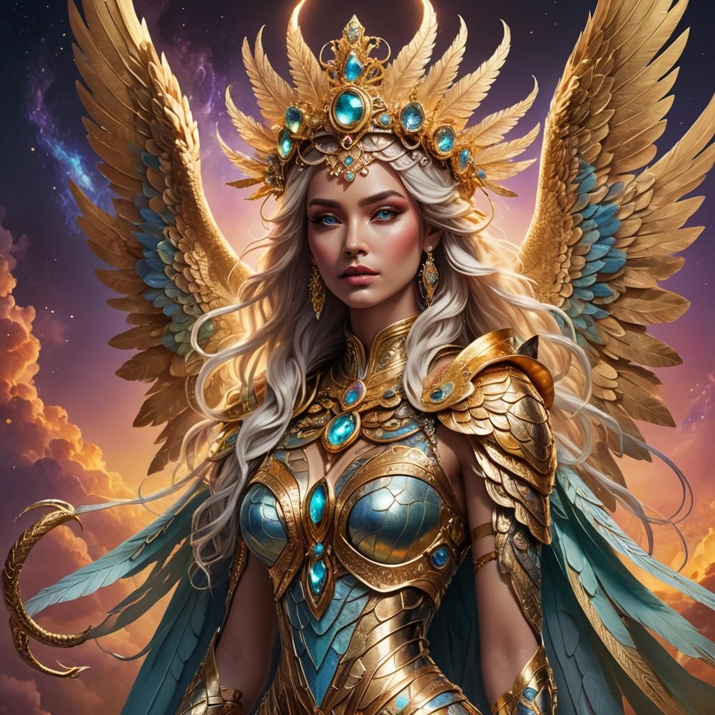 Majestic Angelic Queen with Serpent Crown: Digital Art