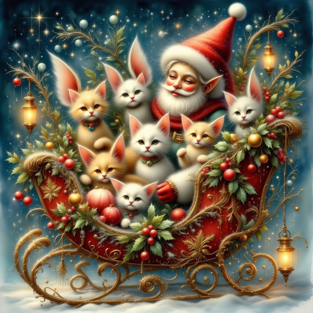 Adorable Elves and Kittens in Santa's Sled