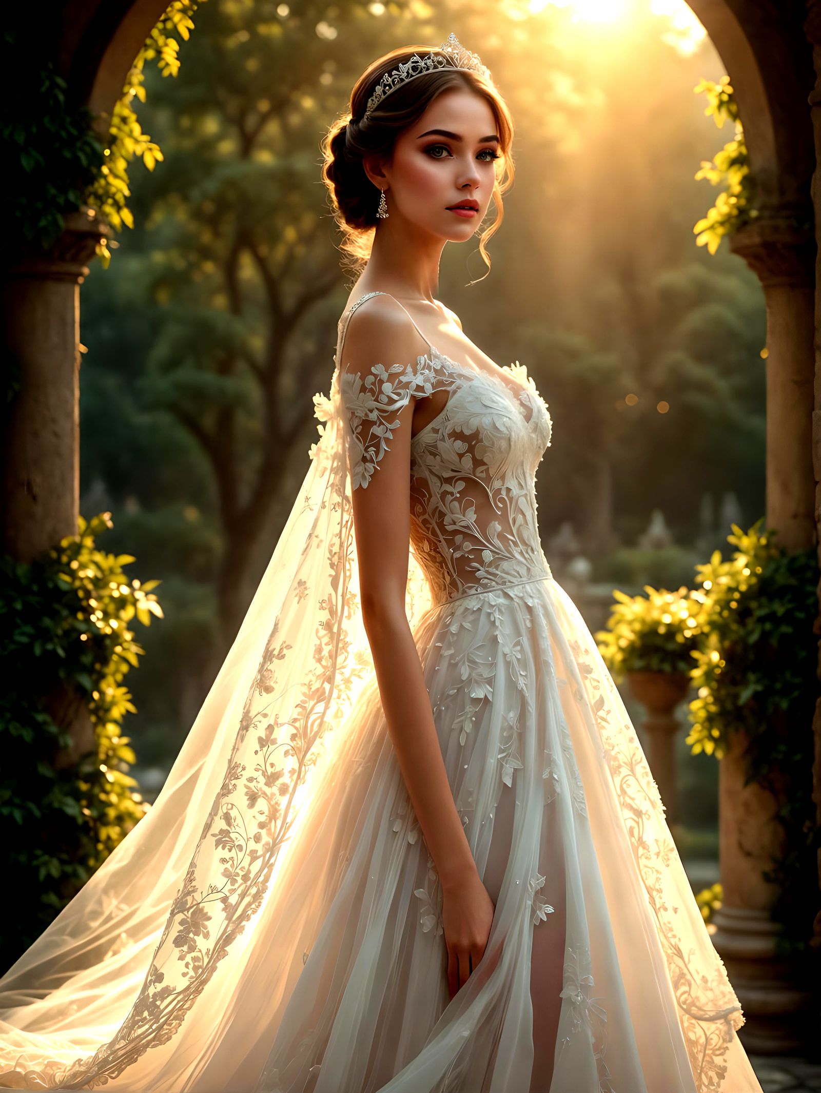 Elegant Princess in Flowing White Dress