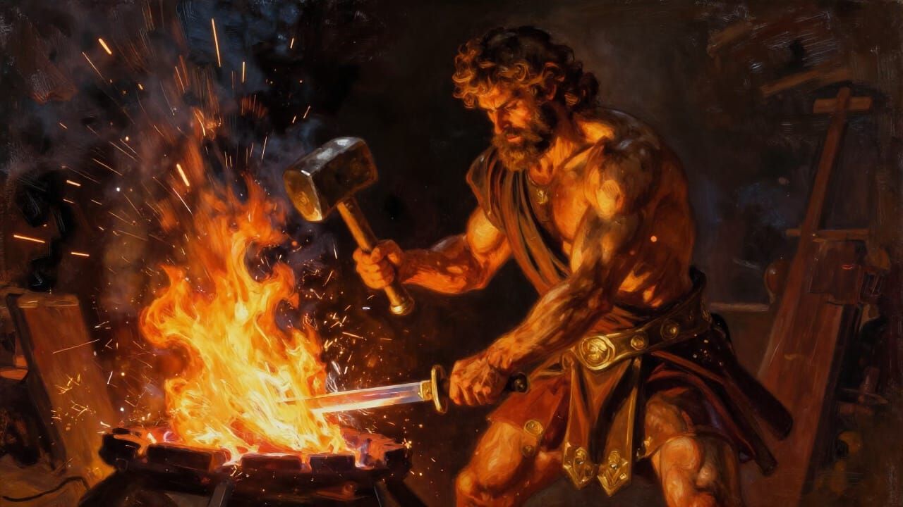 Vulcan Forges Dagger in Fiery Workshop as Expressionist Pain...