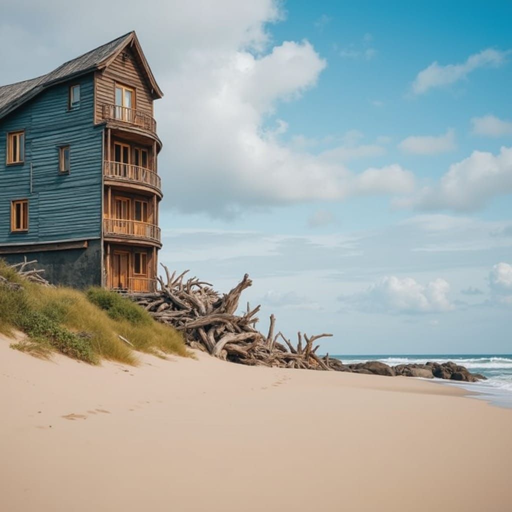 Cinematic Hotel on Moody Beach with Driftwood Details