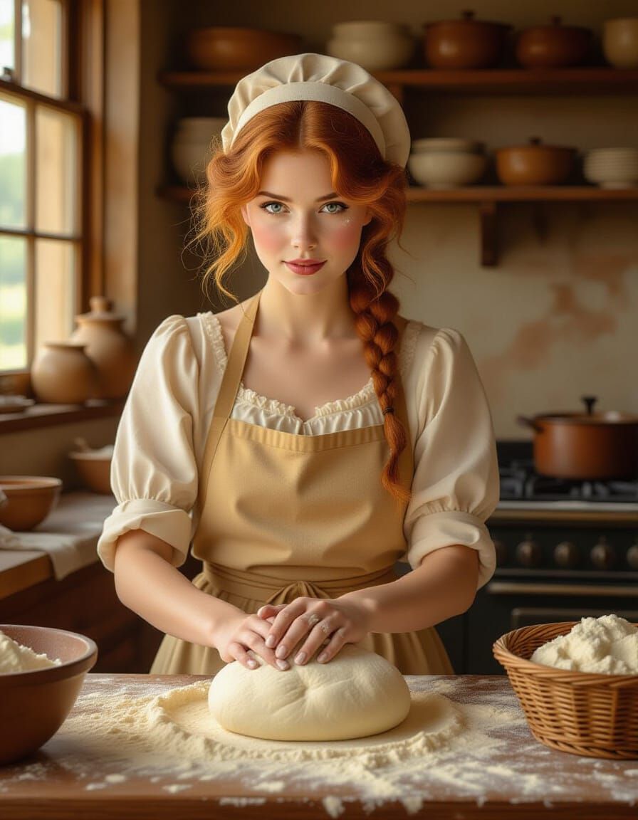 Redhead Baker Kneading Dough in Enchanted Kitchen