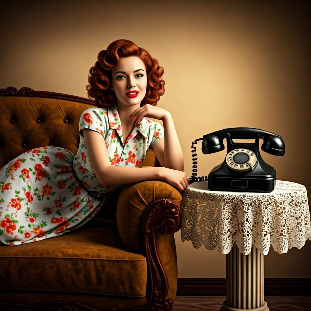 Vintage Pin-Up Girl with Antique Telephone