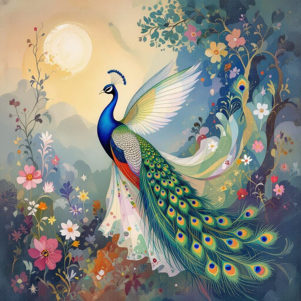 Peacock Fairy in Abstract Expressionist Dreamscape