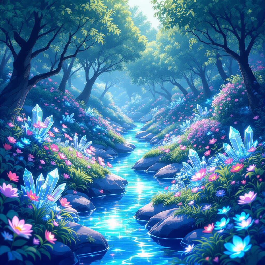 Bioluminescent Anime Garden with Glowing Flora