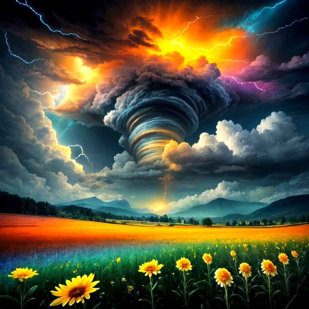 Luminous Storm Over Flower Field with Abstract Movement