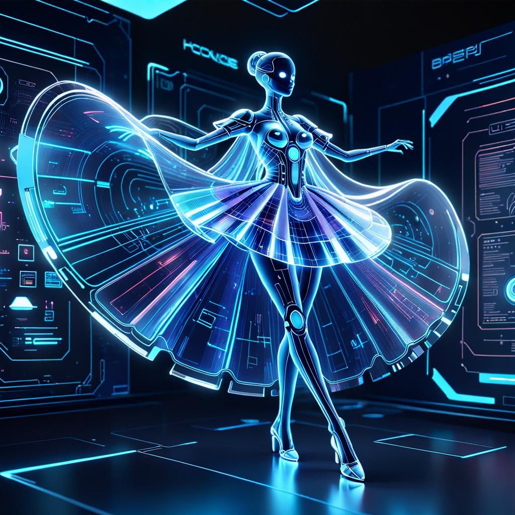Holographic Blueprint Ballerina in a Tech Laboratory