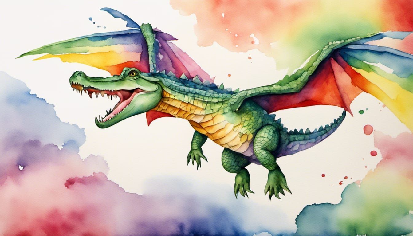 Rainbow Crocodile Flies: Watercolor Art