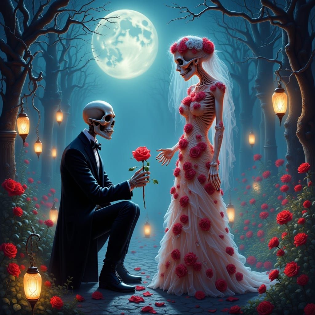 Gothic Romance: Skeletal Figure Offers Rose to Ghostly Bride