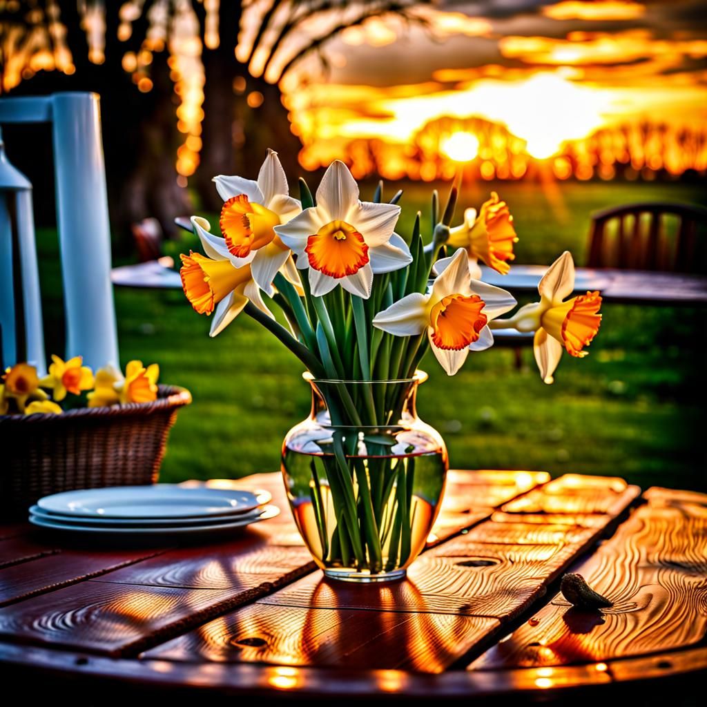 Hyperrealistic Still Life: Daffodils in Vase at Sunset